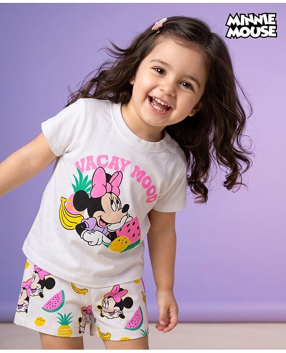 Babyhug Disney Single Jersey Knit Half Sleeves T-shirt & Shorts Night Suit With Minnie Mouse Graphic - White