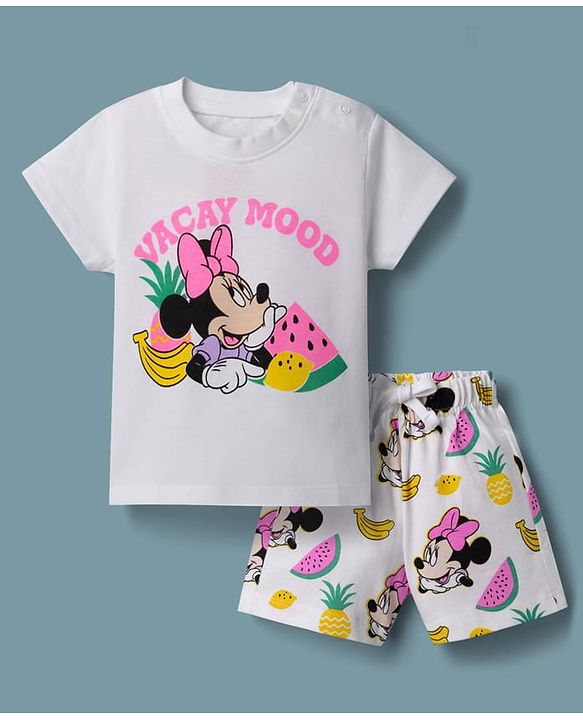 Babyhug Disney Single Jersey Knit Half Sleeves T-shirt & Shorts Night Suit With Minnie Mouse Graphic - White