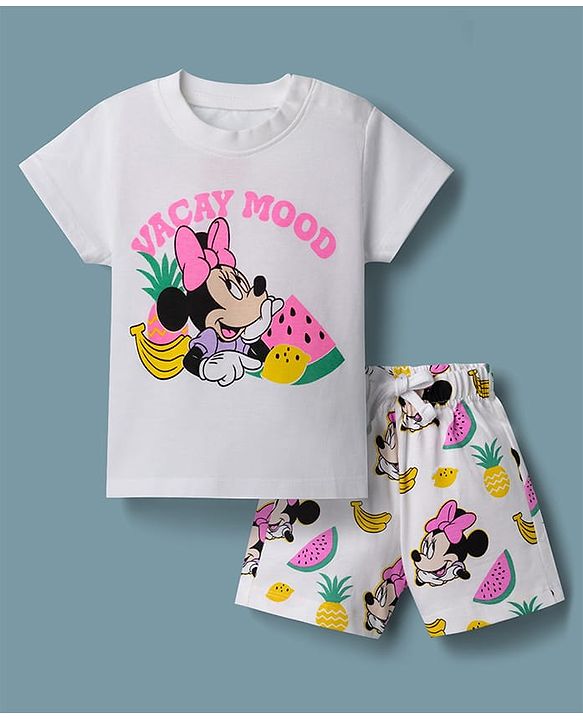 Babyhug Disney Single Jersey Knit Half Sleeves T-shirt & Shorts Night Suit With Minnie Mouse Graphic - White