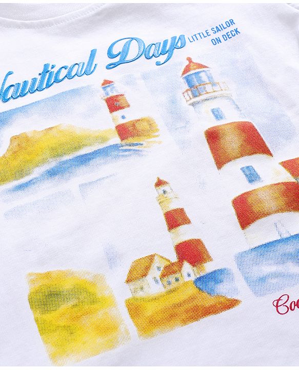 Babyhug Single Jersey Knit Half Sleeves T-Shirt & Denim Shorts Set With Nautical Theme - White & Blue