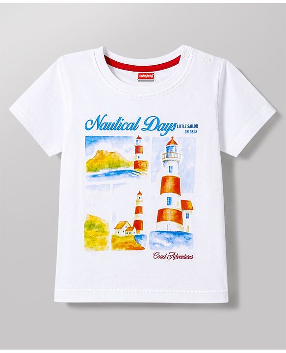 Babyhug Single Jersey Knit Half Sleeves T-Shirt & Denim Shorts Set With Nautical Theme - White & Blue