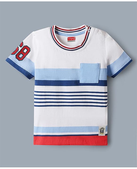Babyhug Single Jersey Knit Denim Half Sleeves Striped T-Shirt & Shorts Set - Whit & Charcoal Grey