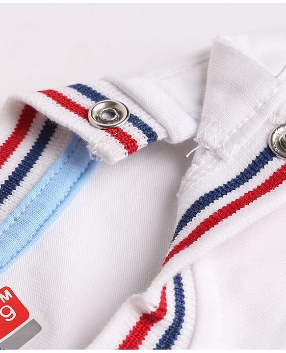 Babyhug Single Jersey Knit Denim Half Sleeves Striped T-Shirt & Shorts Set - Whit & Charcoal Grey