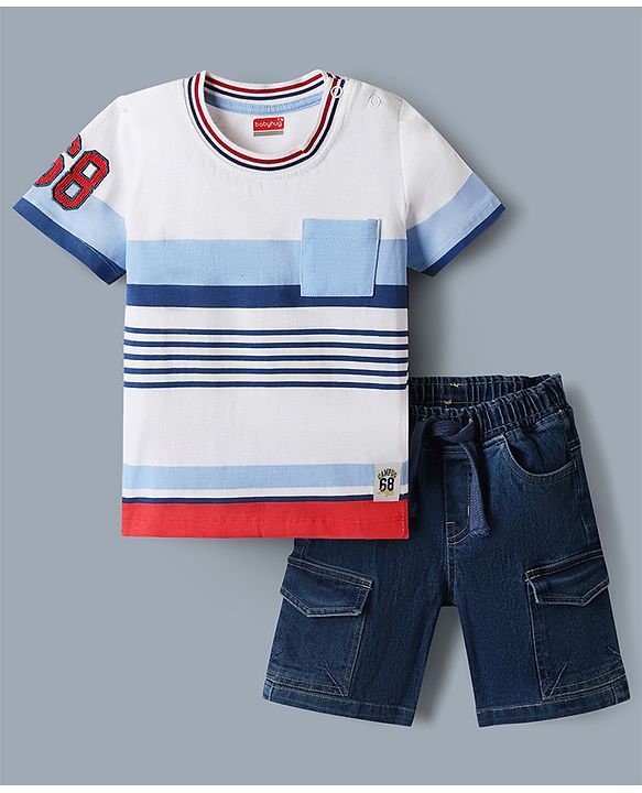 Babyhug Single Jersey Knit Denim Half Sleeves Striped T-Shirt & Shorts Set - Whit & Charcoal Grey