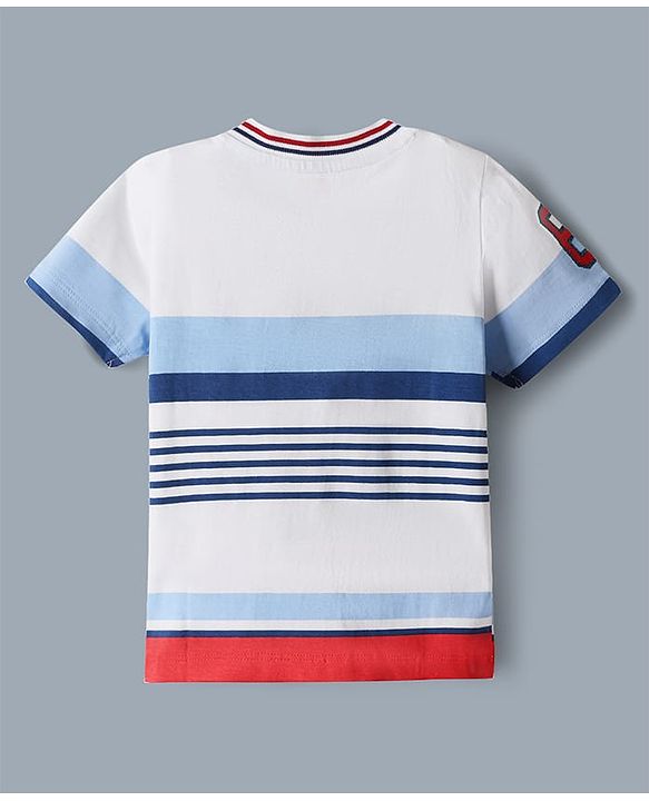 Babyhug Single Jersey Knit Denim Half Sleeves Striped T-Shirt & Shorts Set - Whit & Charcoal Grey