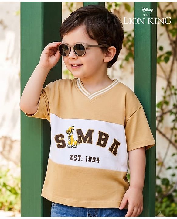 Babyhug Disney Terry Knit Half Sleeves T-Shirt With Simba Graphics - Beige