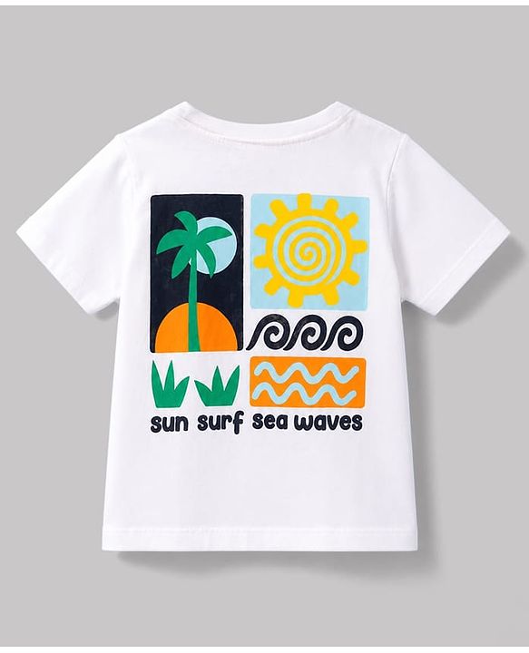 Babyhug Single Jersey Knit Half Sleeves T-Shirt & Denim Shorts Set with Sea Wave Print - White