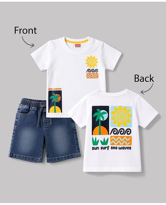 Babyhug Single Jersey Knit Half Sleeves T-Shirt & Denim Shorts Set with Sea Wave Print - White