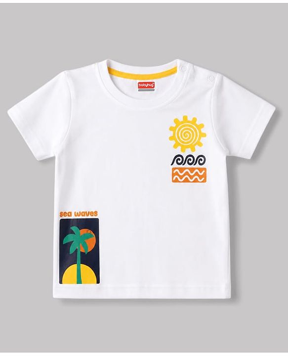 Babyhug Single Jersey Knit Half Sleeves T-Shirt & Denim Shorts Set with Sea Wave Print - White