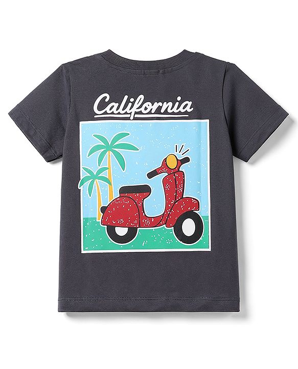 Babyhug Single Jersey Knit Half Sleeves Front & Back Scooter Printed T-Shirt & Denim Shorts Set - Black & Blue