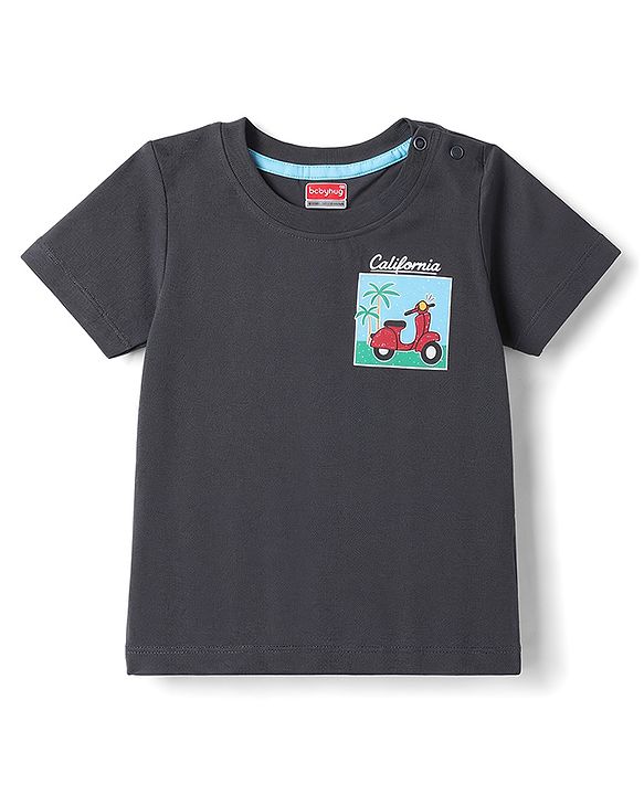 Babyhug Single Jersey Knit Half Sleeves Front & Back Scooter Printed T-Shirt & Denim Shorts Set - Black & Blue