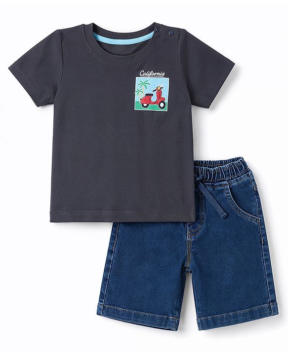 Babyhug Single Jersey Knit Half Sleeves Front & Back Scooter Printed T-Shirt & Denim Shorts Set - Black & Blue