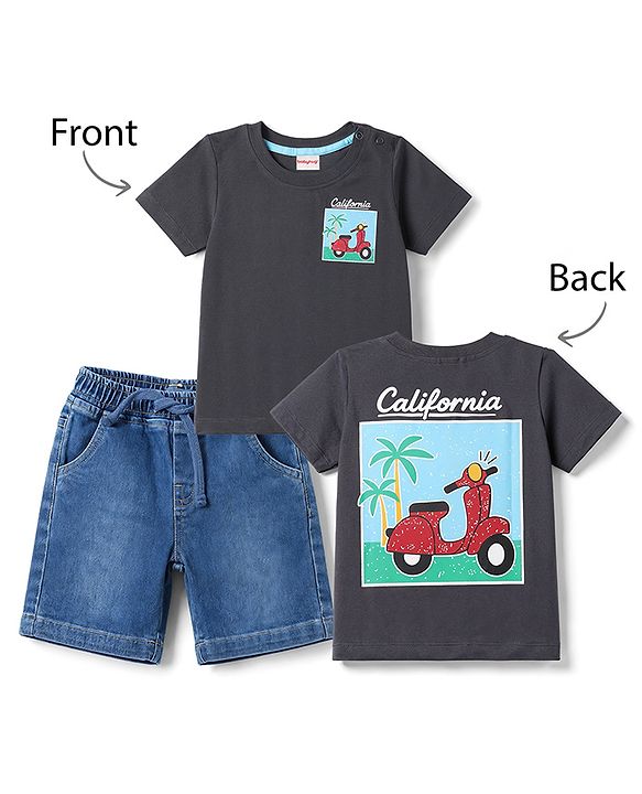 Babyhug Single Jersey Knit Half Sleeves Front & Back Scooter Printed T-Shirt & Denim Shorts Set - Black & Blue