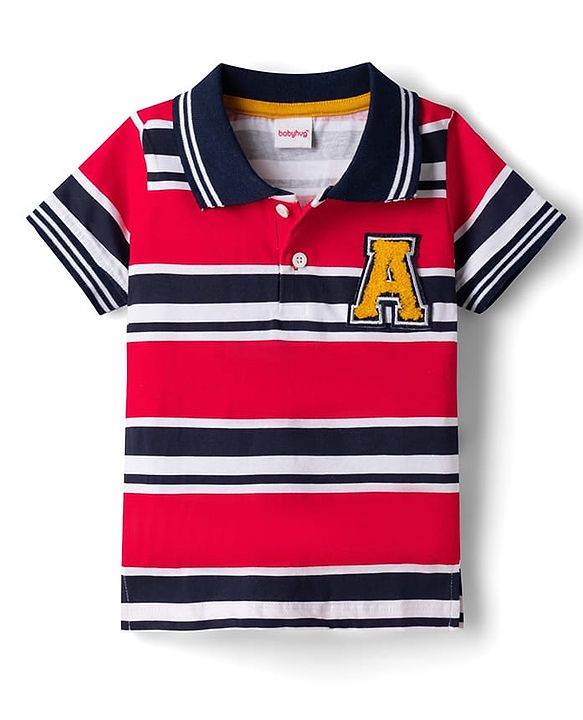 Babyhug Single Jersey Knit Half Sleeves Striped Polo T-Shirt & Shorts Set With Patch - Red & Blue