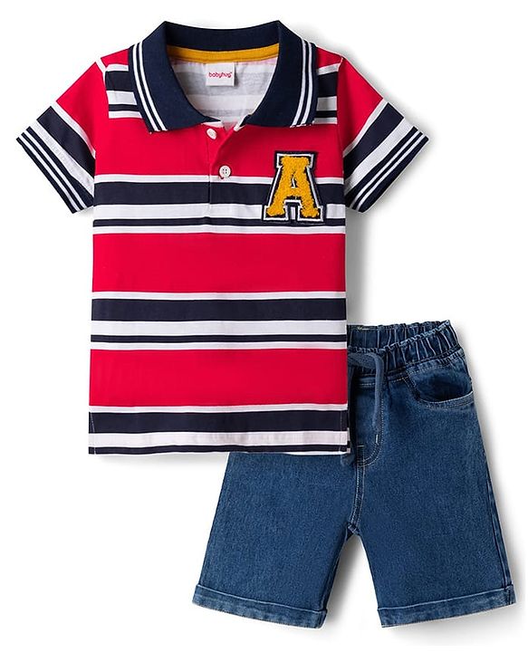 Babyhug Single Jersey Knit Half Sleeves Striped Polo T-Shirt & Shorts Set With Patch - Red & Blue