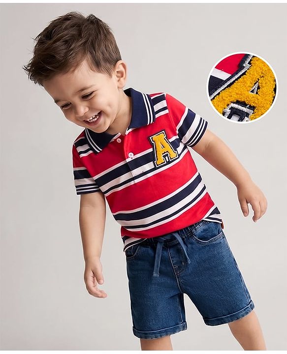 Babyhug Single Jersey Knit Half Sleeves Striped Polo T-Shirt & Shorts Set With Patch - Red & Blue