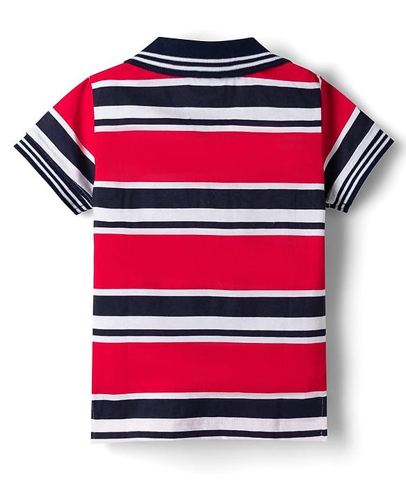 Babyhug Single Jersey Knit Half Sleeves Striped Polo T-Shirt & Shorts Set With Patch - Red & Blue