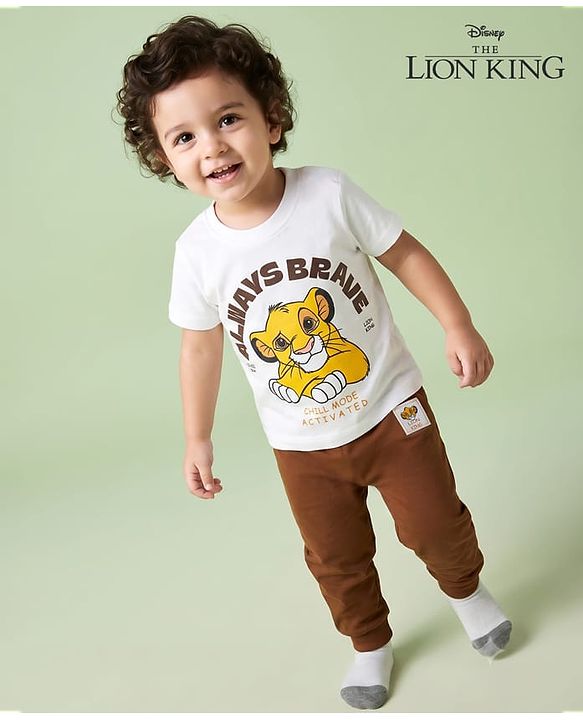 Babyhug Disney 100% Cotton Knit Half Sleeves T-Shirt & Pyjama Night Suit With Lion King Graphic - Multicolor