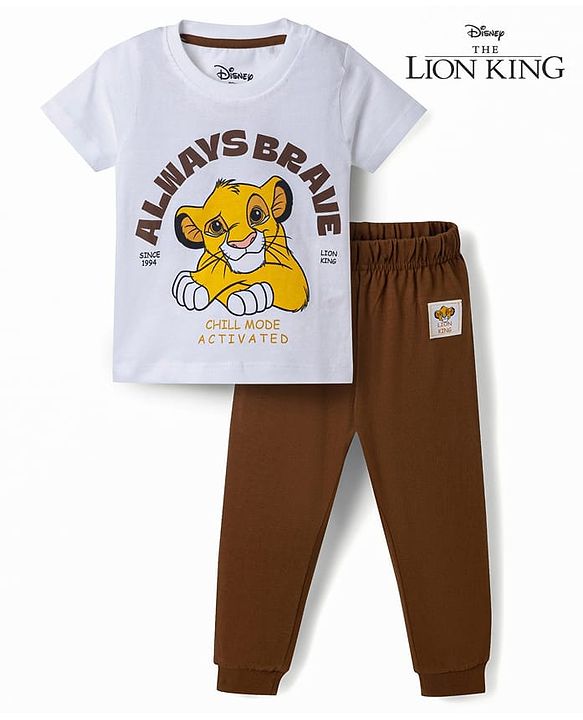 Babyhug Disney 100% Cotton Knit Half Sleeves T-Shirt & Pyjama Night Suit With Lion King Graphic - Multicolor