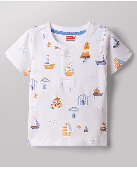 Babyhug Single Jersey Knit Half Sleeves Nautical Theme Printed T-Shirt & Denim Shorts Set - White & Blue