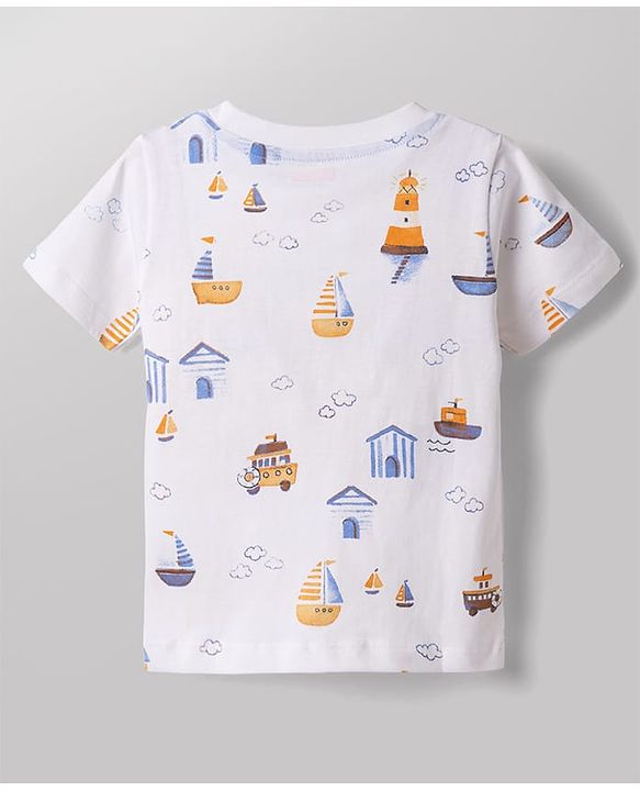 Babyhug Single Jersey Knit Half Sleeves Nautical Theme Printed T-Shirt & Denim Shorts Set - White & Blue
