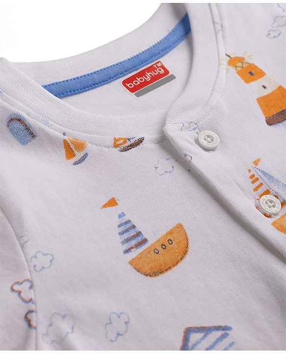 Babyhug Single Jersey Knit Half Sleeves Nautical Theme Printed T-Shirt & Denim Shorts Set - White & Blue