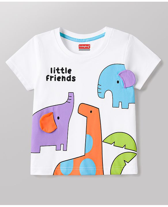 Babyhug Single Jersey Knit Half Sleeves T-Shirt & Denim Shorts Set With Animal Print - White & Blue