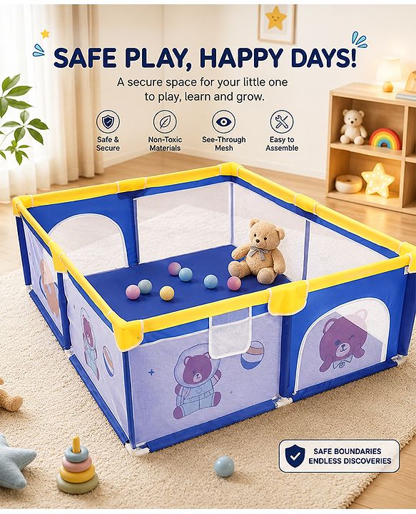 Babyhug Playpen & Play Yard- Blue| 150 x 180 cm Large Play Area| Zipper Door & Toy Pouch| Foldable Indoor & Outdoor Playpen| Safe & Sturdy| for 0-5 Years Boys & Girls| Easy to Assemble