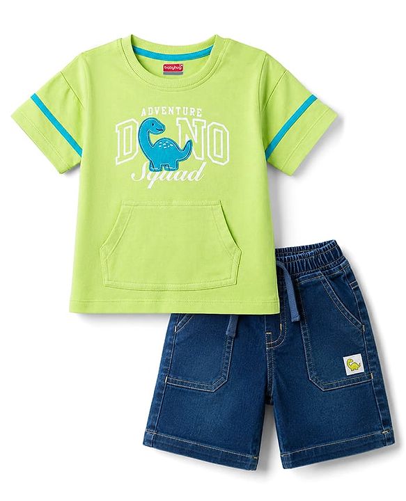 Babyhug Single Jersey Knit- Denim Half Sleeves T-Shirt & Shorts With Dino Print - Limegreen