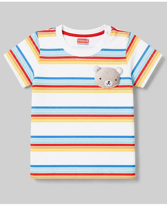 Babyhug Single Jersey Knit Half Sleeves Striped T-Shirt & Denim Shorts With Bear Detailing - Multicolor