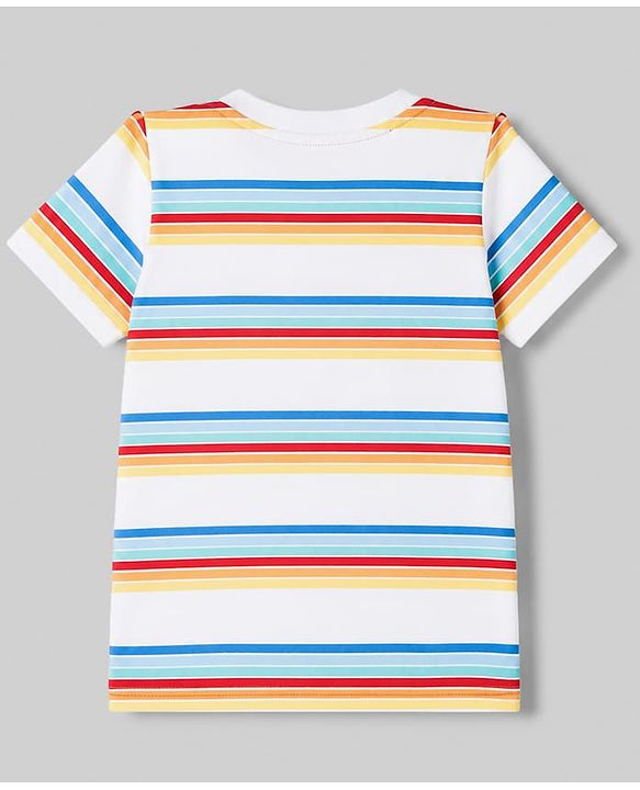 Babyhug Single Jersey Knit Half Sleeves Striped T-Shirt & Denim Shorts With Bear Detailing - Multicolor