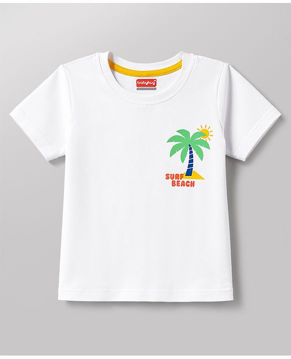 Babyhug Single Jersey Knit Half Sleeves Front & Back Beach Theme Printed T-Shirt & Denim Shorts Set - White & Blue