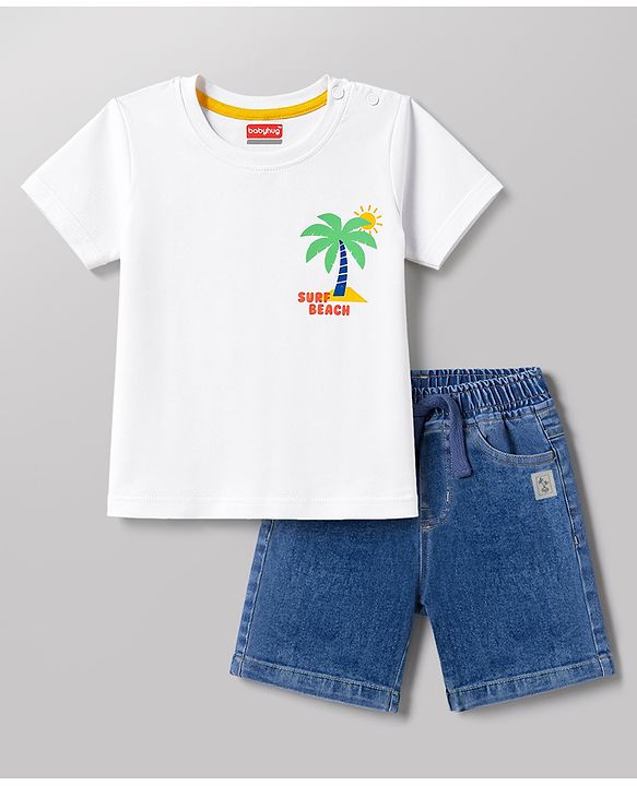 Babyhug Single Jersey Knit Half Sleeves Front & Back Beach Theme Printed T-Shirt & Denim Shorts Set - White & Blue