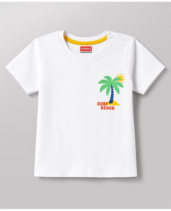 Babyhug Single Jersey Knit Half Sleeves Front & Back Beach Theme Printed T-Shirt & Denim Shorts Set - White & Blue