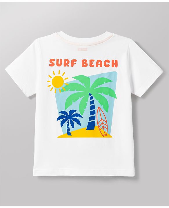Babyhug Single Jersey Knit Half Sleeves Front & Back Beach Theme Printed T-Shirt & Denim Shorts Set - White & Blue
