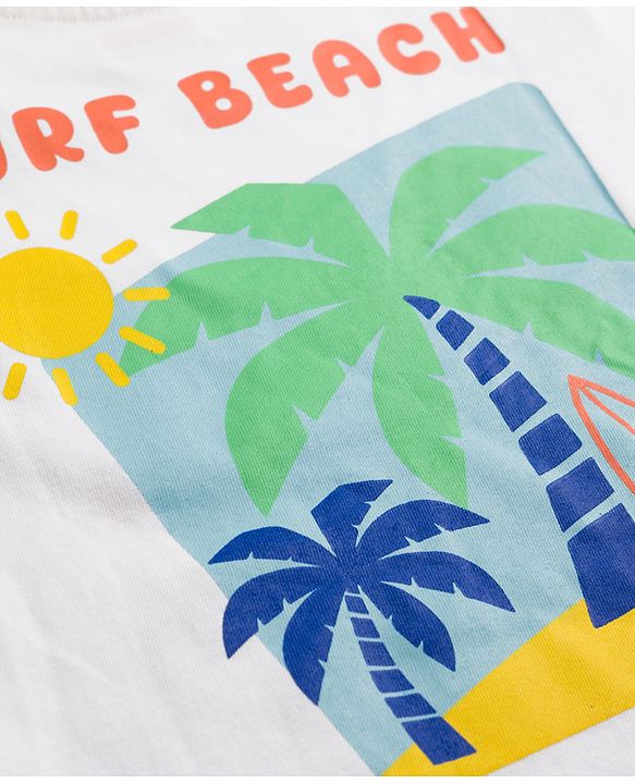 Babyhug Single Jersey Knit Half Sleeves Front & Back Beach Theme Printed T-Shirt & Denim Shorts Set - White & Blue