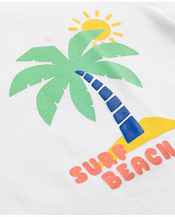 Babyhug Single Jersey Knit Half Sleeves Front & Back Beach Theme Printed T-Shirt & Denim Shorts Set - White & Blue