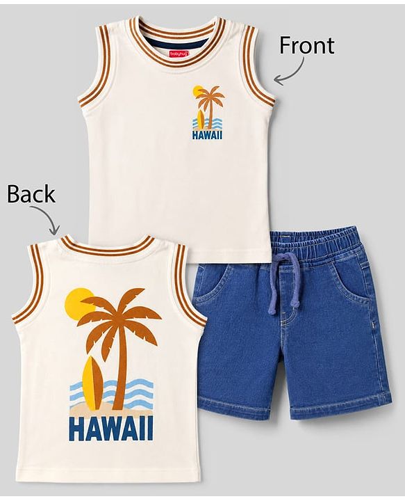 Babyhug Single Jersey Knit Sleeveless T-Shirt & Shorts With Tropical Print - White