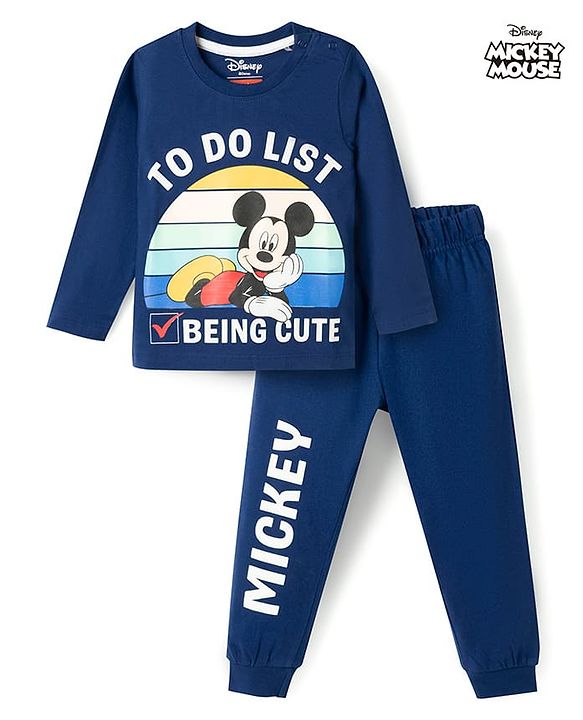Babyhug Disney Single Jersey Knit Full Sleeves T-Shirt & Pyjama Night Suit With Mickey Mouse Graphics - Navy Blue