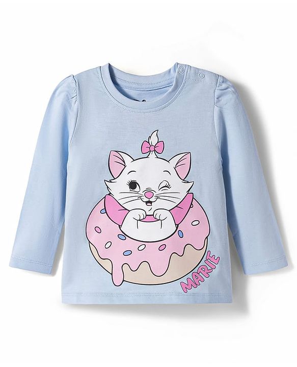 Babyhug Disney 100% Cotton Knit Full Sleeves T-Shirt & Pyjama Night Suit With Marie Graphics - Light Blue
