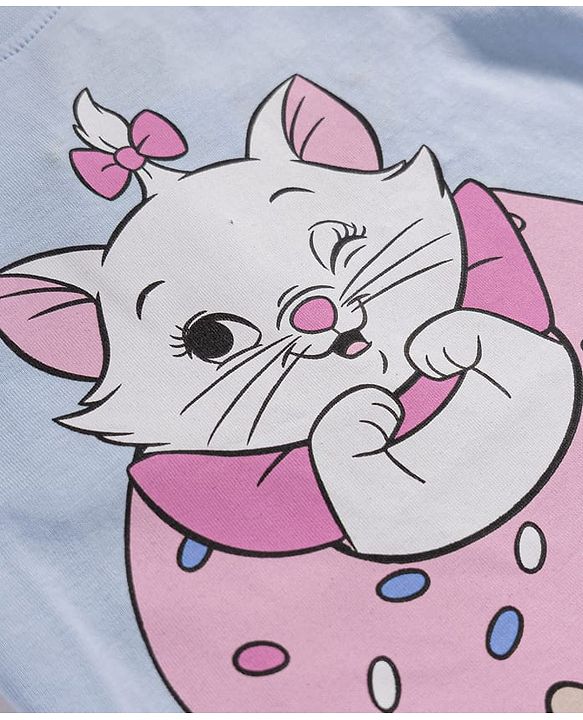 Babyhug Disney 100% Cotton Knit Full Sleeves T-Shirt & Pyjama Night Suit With Marie Graphics - Light Blue