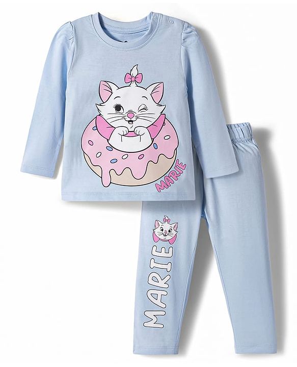 Babyhug Disney 100% Cotton Knit Full Sleeves T-Shirt & Pyjama Night Suit With Marie Graphics - Light Blue