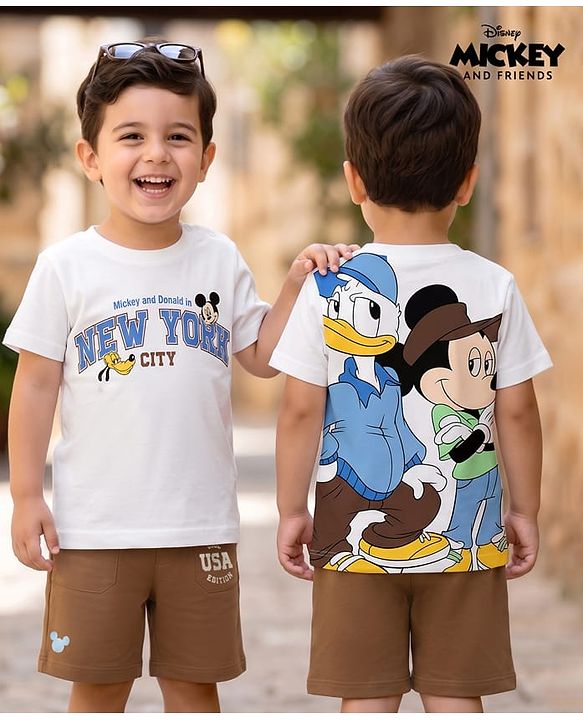 Babyhug Disney 100% Cotton Knit Half Sleeves T-Shirt & Shorts Set With Mickey Mouse & Friends Graphic - White & Tan