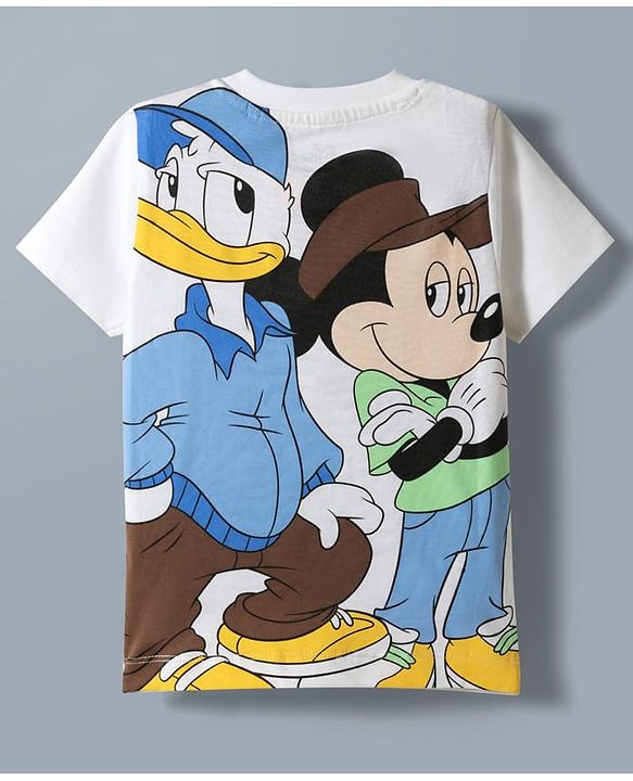 Babyhug Disney 100% Cotton Knit Half Sleeves T-Shirt & Shorts Set With Mickey Mouse & Friends Graphic - White & Tan