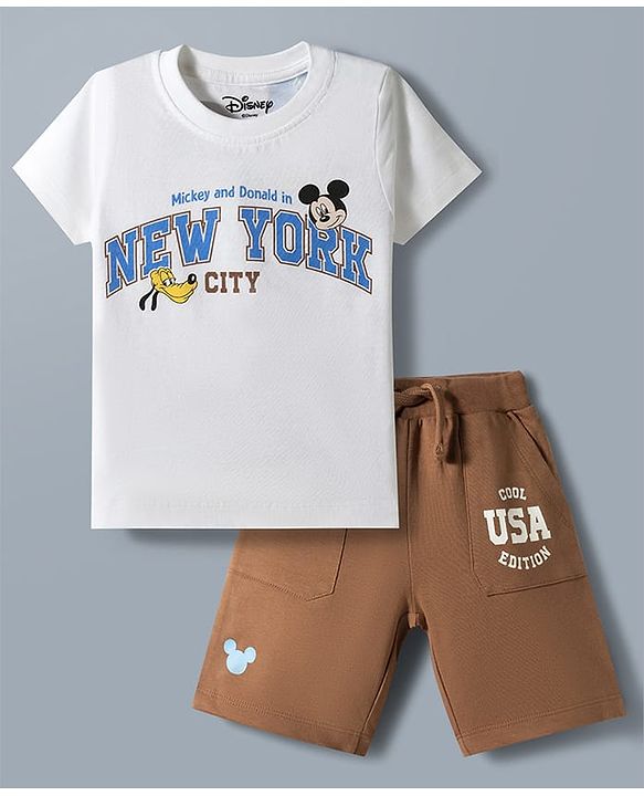 Babyhug Disney 100% Cotton Knit Half Sleeves T-Shirt & Shorts Set With Mickey Mouse & Friends Graphic - White & Tan