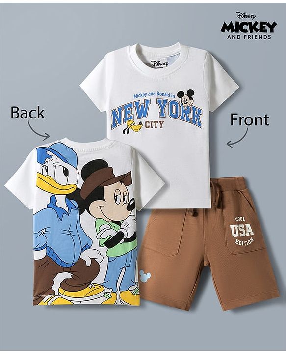 Babyhug Disney 100% Cotton Knit Half Sleeves T-Shirt & Shorts Set With Mickey Mouse & Friends Graphic - White & Tan
