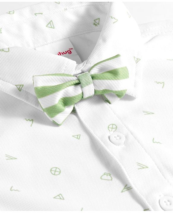 Babyhug Cotton Woven Full Sleeves Printed Party Shirt & Shorts Set with Bow Applique & Stripes - Green & White