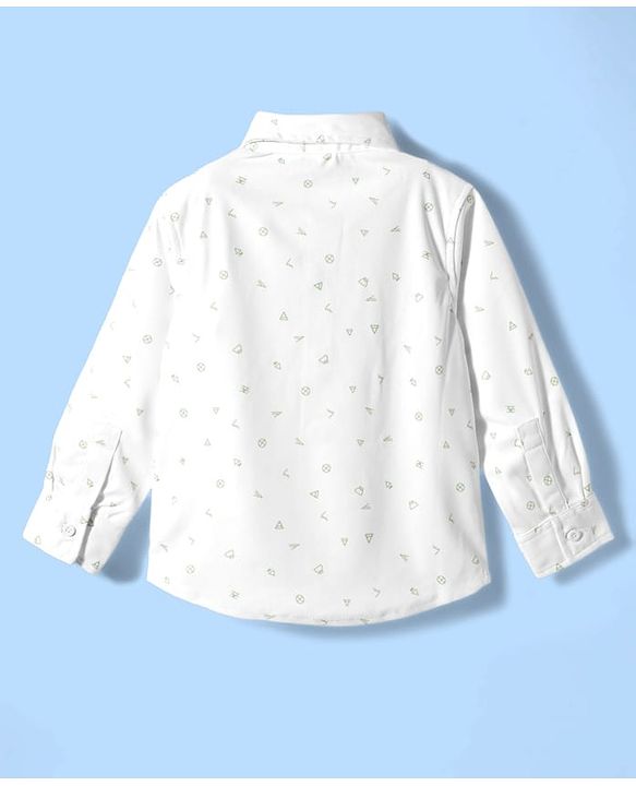 Babyhug Cotton Woven Full Sleeves Printed Party Shirt & Shorts Set with Bow Applique & Stripes - Green & White