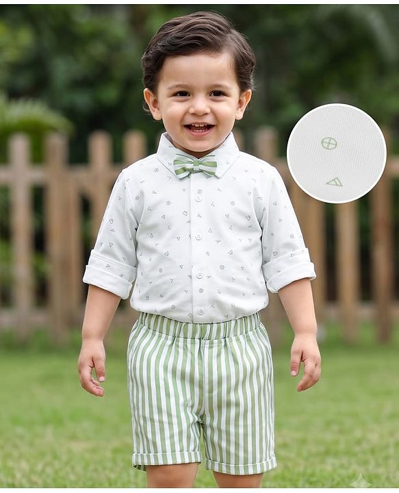 Babyhug Cotton Woven Full Sleeves Printed Party Shirt & Shorts Set with Bow Applique & Stripes - Green & White