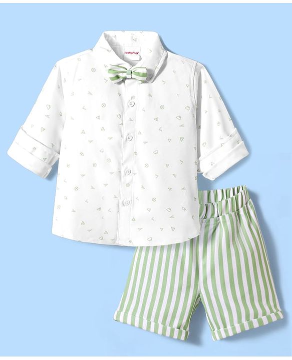 Babyhug Cotton Woven Full Sleeves Printed Party Shirt & Shorts Set with Bow Applique & Stripes - Green & White